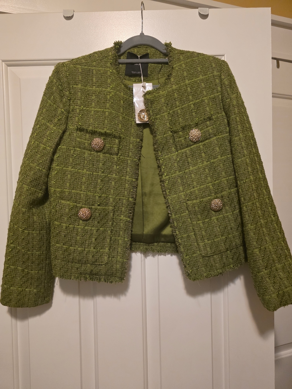 Mango Olive Green Tweed Cropped Blazer with Gold Buttons